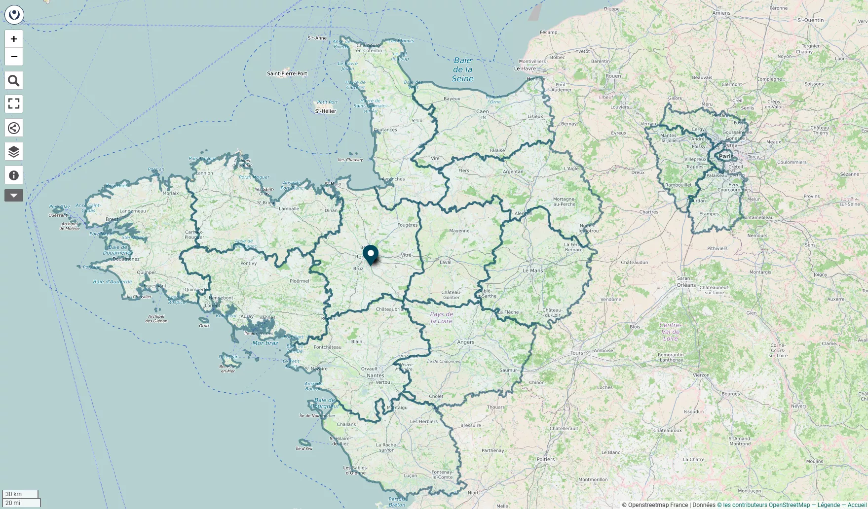 Carte de France avec en bleu les zones d'intervention : Bretagne, Normandie Sud, Pays de la Loire et Ile de France